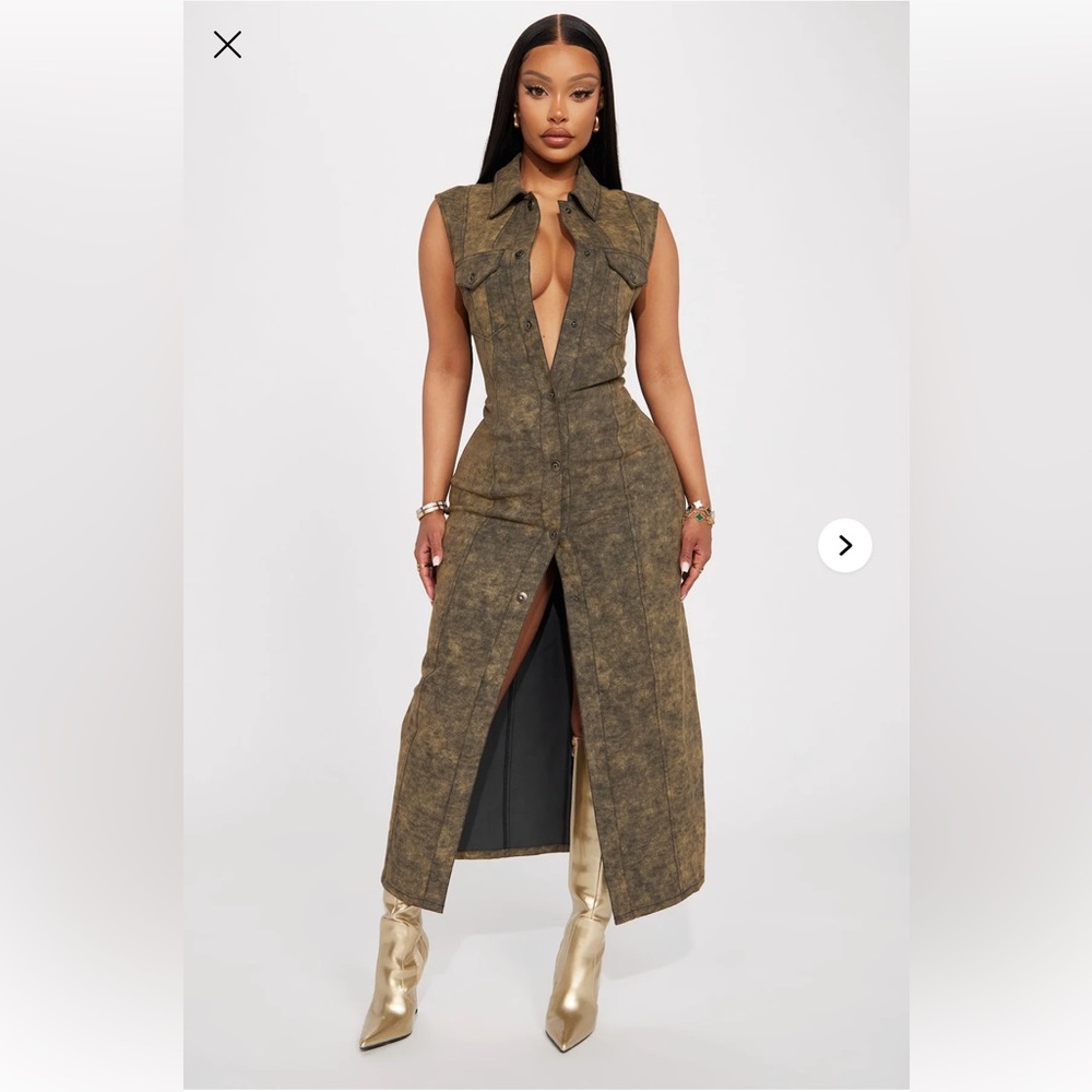 Button-Front Maxi Dress in Olive Brown